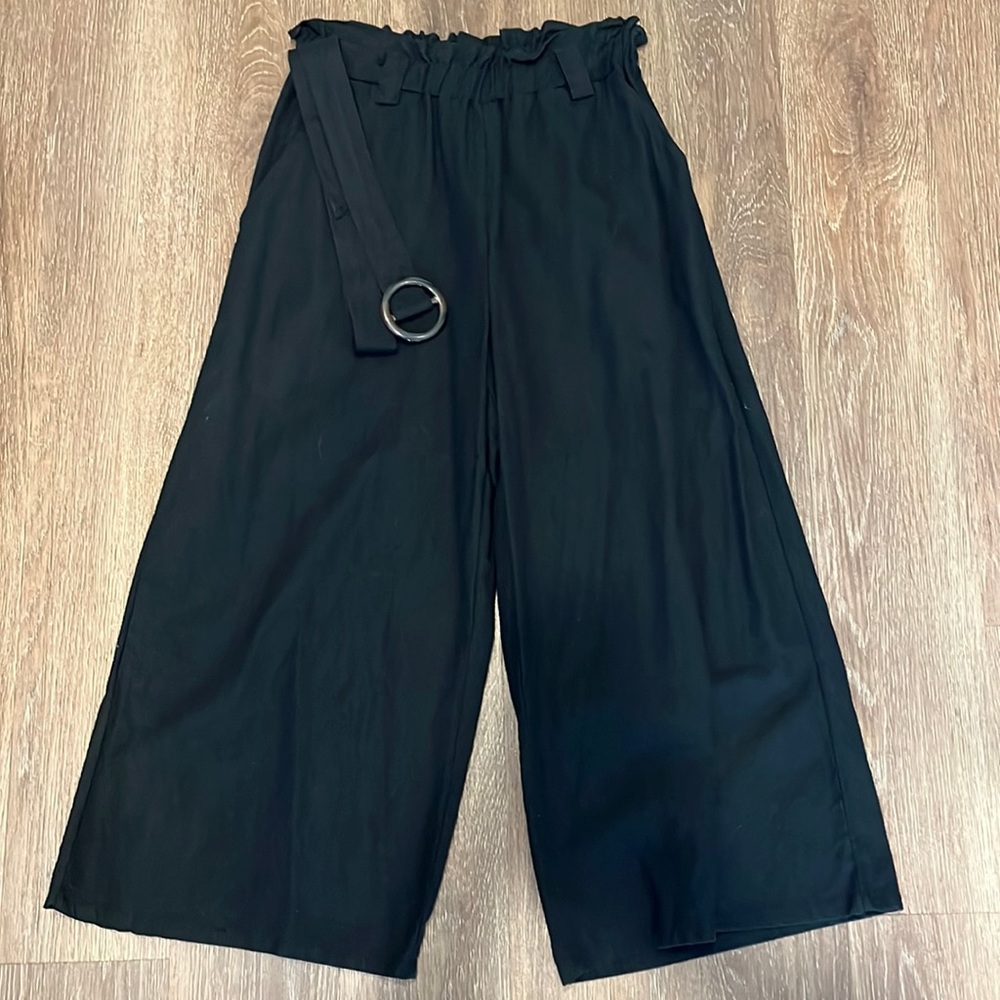 Cotton On Size 6 Black Gaucho Pants Stretch Waistband with Belt Midi Length